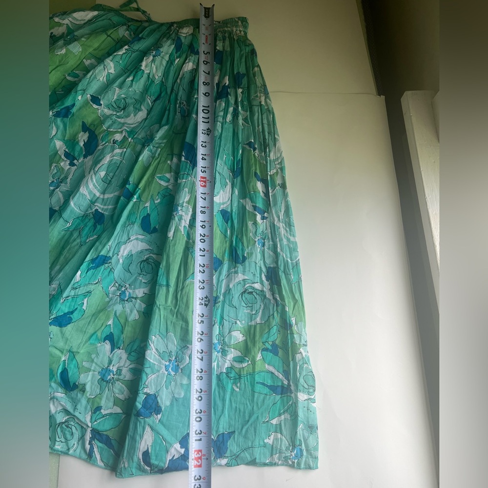 100% Cotton Vintage Blue and Green Floral Maxi Skirt with Elastic Band Large - Picture 7 of 8